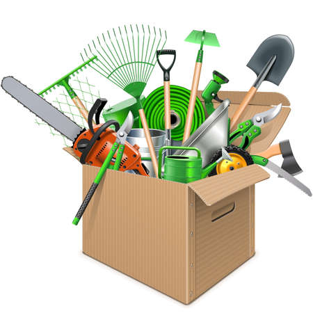 Vector Carton Box with Garden Accessories isolated on white backgroundのイラスト素材