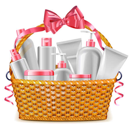 Vector Gift Basket with Cosmetics isolated on white backgroundのイラスト素材