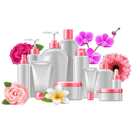 Vector Cosmetic Packaging with Flowers isolated on white backgroundのイラスト素材
