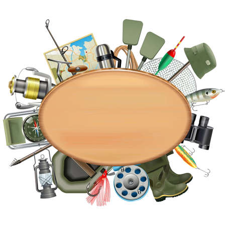 Wooden Board with Fishing Tackle isolated on white backgroundのイラスト素材