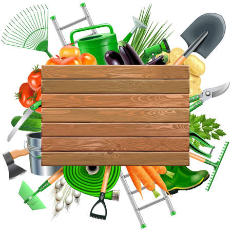 Wooden Board with Garden Accessories isolated on white backgroundのイラスト素材