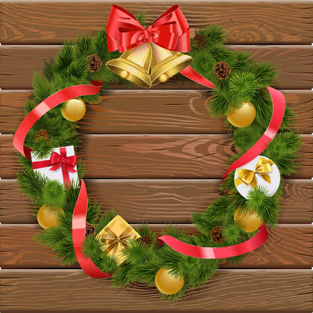 Christmas Wreath on Wooden Board with red ribbbon and golden bellのイラスト素材