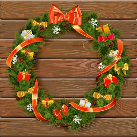 Christmas Wreath on Wooden Board with gifts, snowflakes and bowのイラスト素材
