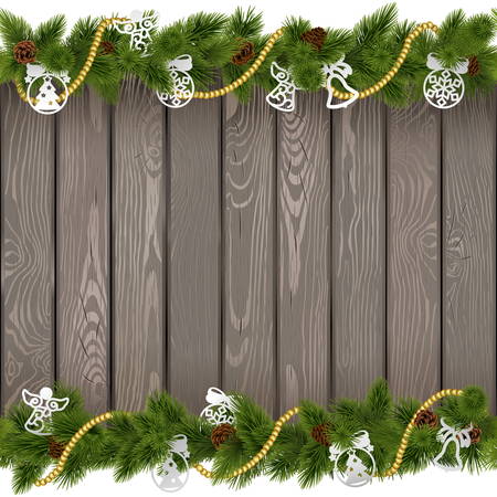 Seamless Christmas Old Board with Paper Decorations isolated on white backgroundのイラスト素材