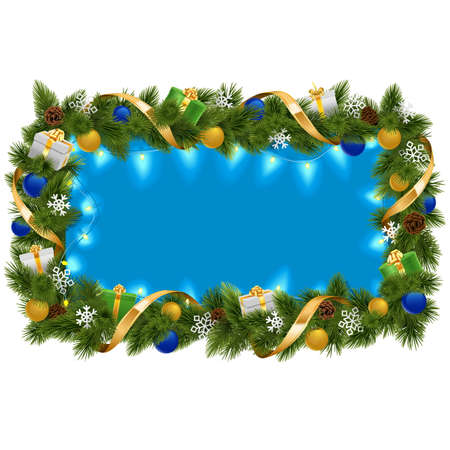 Vector Blue Fir Frame with Garland isolated on white backgroundのイラスト素材