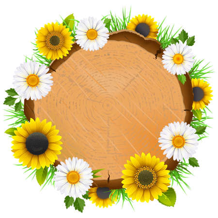 Vector Wooden Board with Flowers isolated on white backgroundのイラスト素材