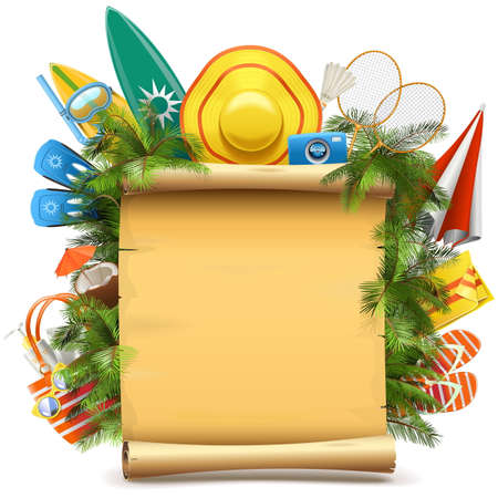 Vector Beach Concept with Paper Scroll isolated on white backgroundのイラスト素材