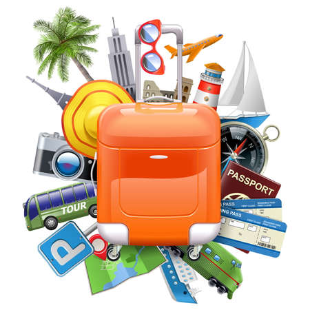 Vector Travel Concept with Rolling Bag isolated on white backgroundのイラスト素材