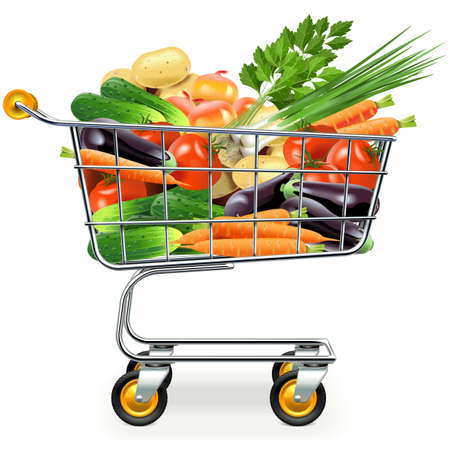 Vector Supermarket Trolley with Vegetables isolated on white backgroundのイラスト素材