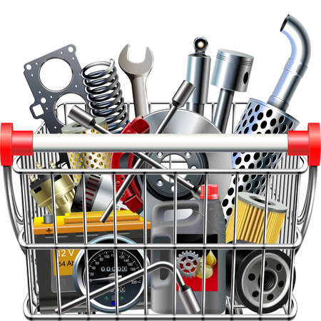 Vector Supermarket Cart with Car Parts Rear View isolated on white backgroundのイラスト素材