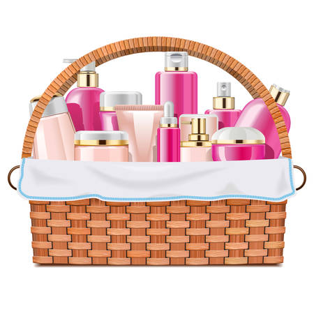 Vector Basket with Skin Grooming Products isolated on white backgroundのイラスト素材