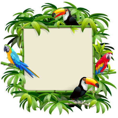 Vector Bamboo Frame with Tropics Birds isolated on white backgroundのイラスト素材