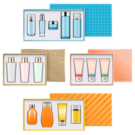 Vector Gift Boxes with Cosmetics Set 3 isolated on white backgroundのイラスト素材