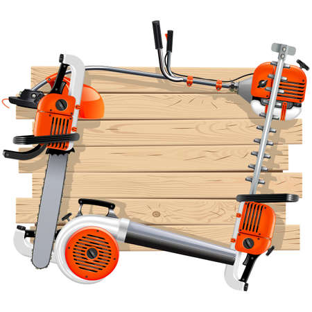 Vector Wooden Frame with Garden Equipment isolated on white backgroundのイラスト素材