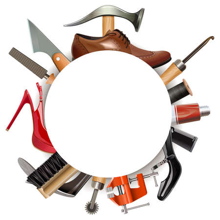 Vector Round Empty Frame with Shoemaker Tools isolated on white backgroundのイラスト素材