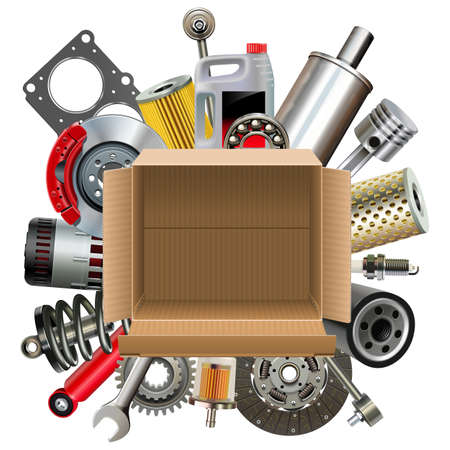 Vector Empty Carton Box with Car Spares isolated on white backgroundのイラスト素材