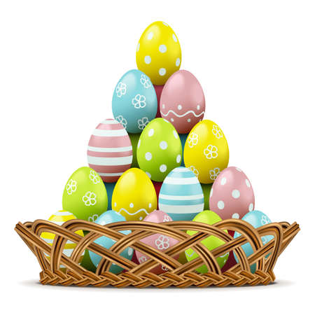 Vector Wicker Dish with Easter Colored Eggs isolated on white backgroundのイラスト素材
