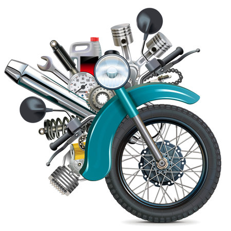 Vector Retro Motorcycle Wheel with Motorcycle Spares isolated on white backgroundのイラスト素材