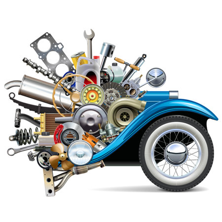Vector Retro Car Wheel with Car Spares isolated on white backgroundのイラスト素材