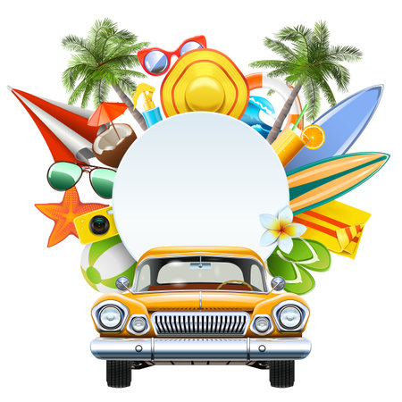 Vector Beach Concept with Yellow Car isolated on white backgroundのイラスト素材