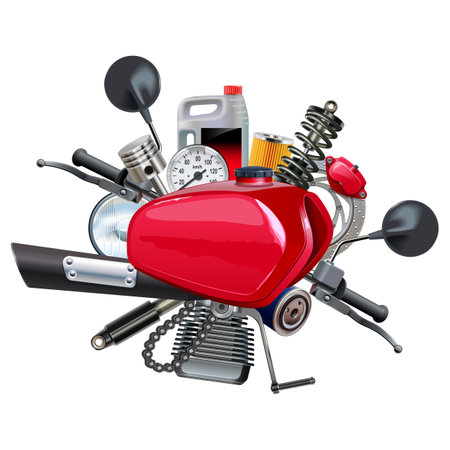 Vector Motorcycle Gasoline Tank with Spare Parts isolated on white backgroundのイラスト素材