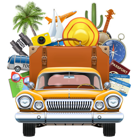 Vector Tourism Concept with Yellow Car isolated on white backgroundのイラスト素材