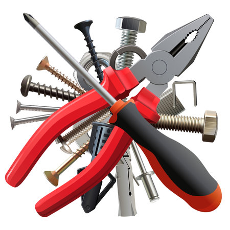 Vector Pliers and Screwdriver with Fasteners isolated on white backgroundのイラスト素材
