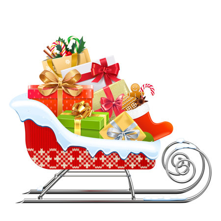Vector Christmas Red Sled with Gifts isolated on white backgroundのイラスト素材
