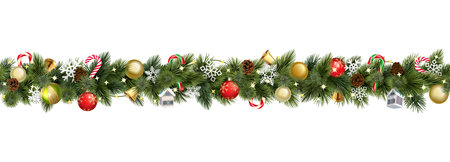 Vector Christmas Branches Border with Christmas Decorations isolated on white backgroundのイラスト素材