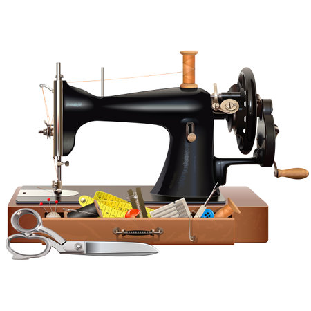 Vector Vintage Manual Sewing Machine with Accessories isolated on white backgroundのイラスト素材