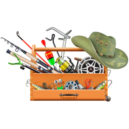 Vector Fishing Accessories with Wooden Crate isolated on white backgroundのイラスト素材