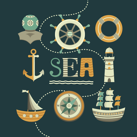 Sea icons set with anchor, helm, diver, lighthouse, ship, compassのイラスト素材