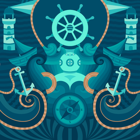 Vector marine background with anchor, wheel, diver, lighthouse, ship, compass.Decorative vector background for cards, invitations, banners, web pages. Illustration in a nautical style.のイラスト素材