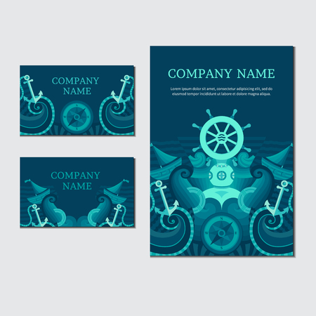 Corporate identity in a nautical theme. Vector set of sea invitation cards. Collection of banners on the marine theme. Illustration on the marine theme.のイラスト素材