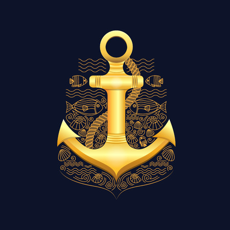 Vector illustration of golden sea anchor on a dark background. Anchor with rope, fish, shells. Illustration in a nautical style. Vector background for cards, invitations, banners, web-sites.のイラスト素材