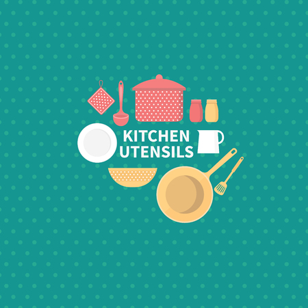 Vector set of kitchen utensils for cooking. Kitchen tools. Vector collection elements for the kitchen. Background for cards, invites, web pages, banners, covers. Illustration in flat style.のイラスト素材