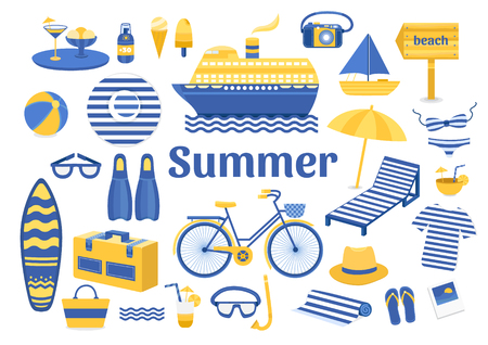 Set of vector summer. Set of flat icons summer vacation. Collection of elements of summer vacation, travel, holiday, sports. Vector illustration of summer. Elements for design. Template for designの販売画像