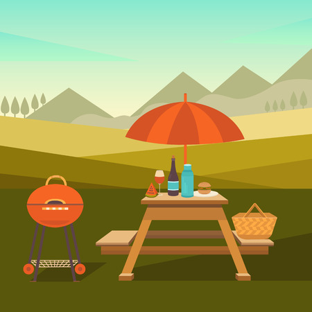 illustration of a picnic in the park. Summer barbecues outdoors. Family weekend in nature. Collection of icons: barbecue grills, table with umbrella, basket, fruits, sandwich, wine and others.のイラスト素材