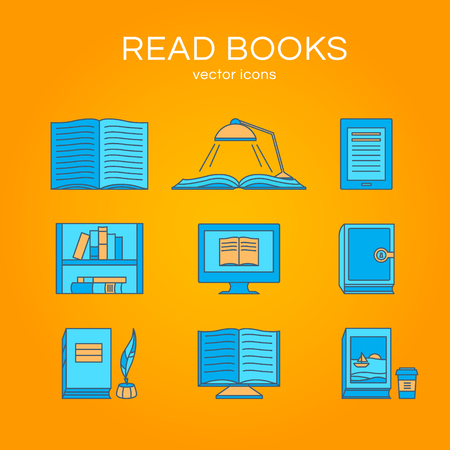 Set of icons of books. Vector collection of objects: e-book, book and coffee, bookshelf and library. Illustration of training and education. Design elements and web.のイラスト素材
