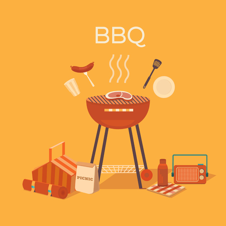 Vector illustration of a barbecue outdoors. Picnic set. Family weekend.  Collection of objects: bbq grill, basket, steak, plate, fork, sausage, glass. Rest in park.のイラスト素材