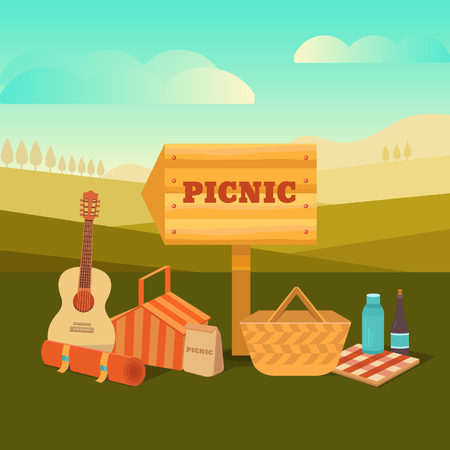 Vector illustration of a picnic outdoors. Summer barbecues in the park. Weekend with family and friends. Collection of icons: basket, food, wine, guitar and others.のイラスト素材