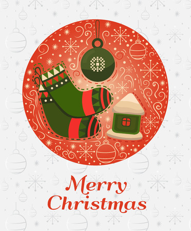 Merry Christmas design concept. Christmas greeting card. Vector illustration xmas celebration. Collection of decorative elements: socks, christmas ball, house, snowflakes. Festive template for banner.のイラスト素材