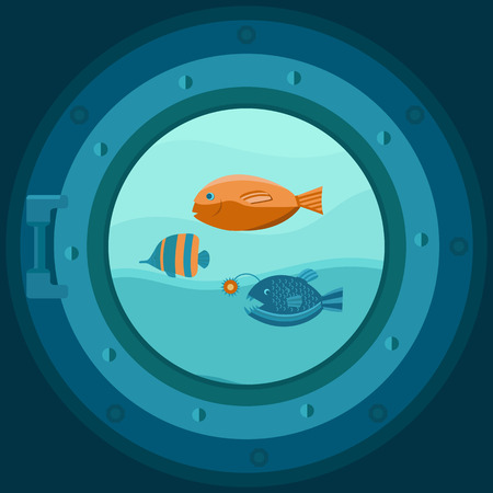 Illustration of a ship porthole with fish. Marine background with waves. Vector template for cards, invitations, covers, banners, wrapping paper and packaging. Flat style.のイラスト素材