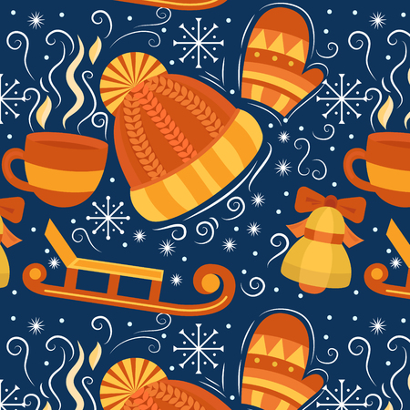Winter vector seamless pattern with a knitted hat, mittens, cup, sled and snowflakes. Christmas background. Xmas template for banner, card, invitation, poster, packaging, wrapping gifts, fabric.のイラスト素材