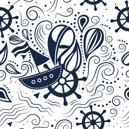 seamless pattern marine life with boat, helm and waves. Underwater world.のイラスト素材