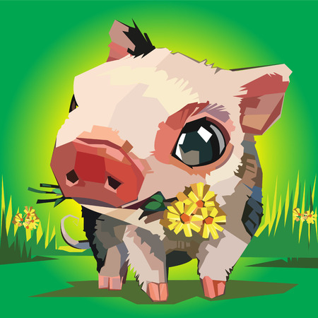 illustration of cartoon pig flowers grassのイラスト素材