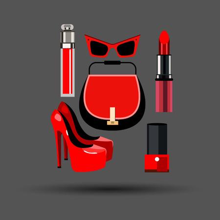 fashion bag sunglasses illustration lipstick nail polish glitter makeup vector setのイラスト素材
