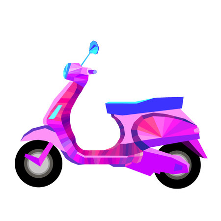 Vector creative flat design scooter. Classic looking cartoon moped, side view. Two wheeled transport moped with road trafficのイラスト素材
