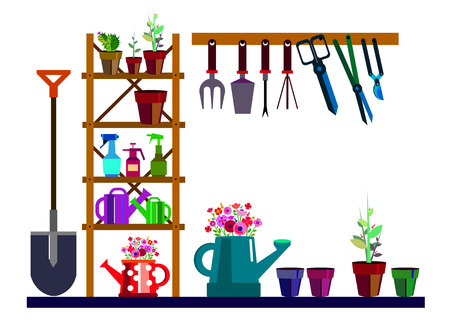 Colorful garden vector equipment illustration rake watering can.のイラスト素材