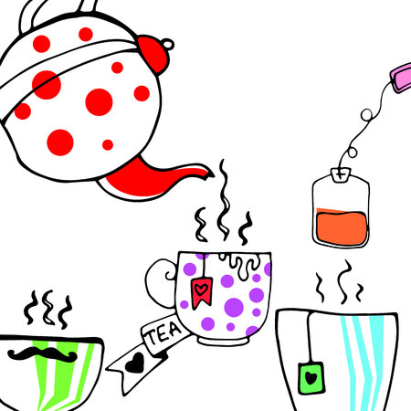 vector pairs brew tea kettle drops stylizedのイラスト素材